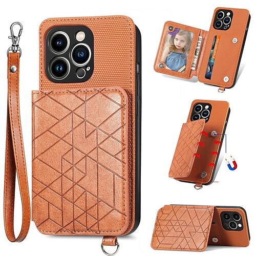 

Phone Case For Apple Wallet Card iPhone 13 Pro Max 12 Mini 11 X XR XS Max 8 7 with Wrist Strap Card Holder Slots Kickstand Solid Colored Geometric Pattern PU Leather