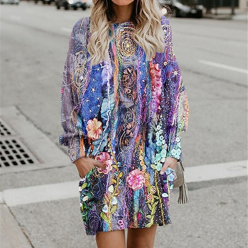 

Women's Shift Dress Short Mini Dress Green Purple Yellow Long Sleeve Floral Pocket Print Fall Winter Hooded Casual 2022 S M L XL XXL 3XL