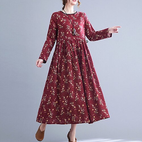 

Women's A Line Dress Midi Dress Yellow Wine Orange Brown Long Sleeve Floral Pocket Print Fall Spring Crew Neck Casual Vintage Mature 2022 M L XL XXL