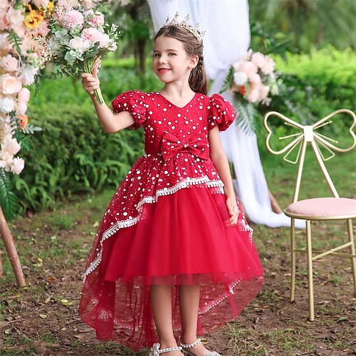 

Kids Little Girls' Dress Polka Dot Solid Colored A Line Dress Party Special Occasion Bow Blue Pink Red Midi Short Sleeve Princess Cute Dresses Spring Summer Slim 3-12 Years