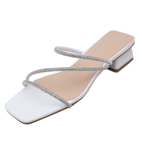 

Women's Sandals Sparkly Sandals Rhinestone Block Heel Open Toe Elegant Sweet Daily Office Faux Leather Loafer Spring Summer Solid Colored White