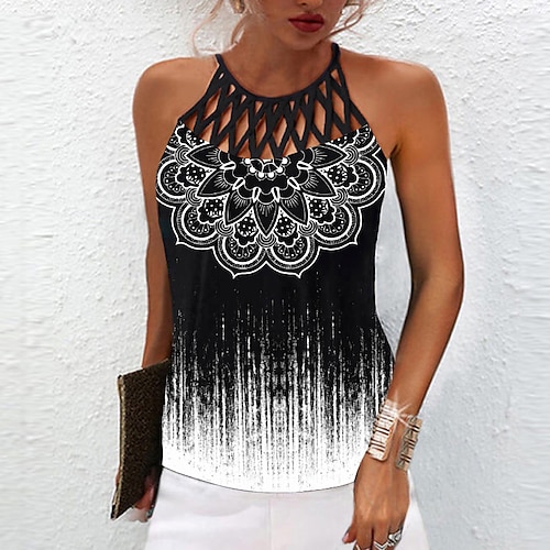 

Women's Tank Top Camis Black Graphic Cut Out Print Sleeveless Holiday Weekend Streetwear Casual Round Neck Regular S