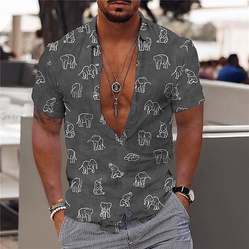 

Men's Shirt 3D Print Elephant Animal Turndown Street Casual Button-Down Print Short Sleeves Tops Designer Casual Fashion Breathable Gray / Summer / Spring / Summer