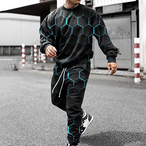

Men's Tracksuit Hoodies Set Graphic Patterned Geometric 2 Piece Print Sports Outdoor Casual Sports 3D Print Sportswear Basic Essential Hoodies Sweatshirts Black Blue Gray