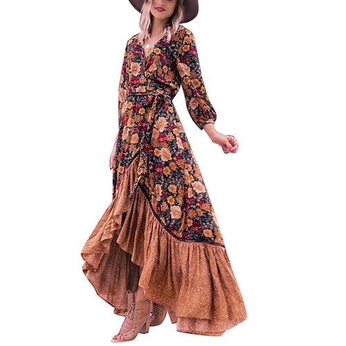 

Women's Wrap Dress Floral Dress Long Dress Maxi Dress Brown 3/4 Length Sleeve Floral Ruffle Winter Fall Autumn V Neck 2022 S M L XL