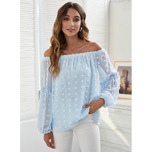 

Women's Blouse Shirt Blue White Black Plain Off Shoulder Long Sleeve Daily Weekend Streetwear Casual Off Shoulder Regular S