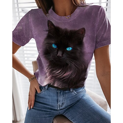 

Women's T shirt Tee Cat 3D Casual Weekend 3D Cat Painting T shirt Tee Short Sleeve Print Round Neck Basic Essential Purple S / 3D Print