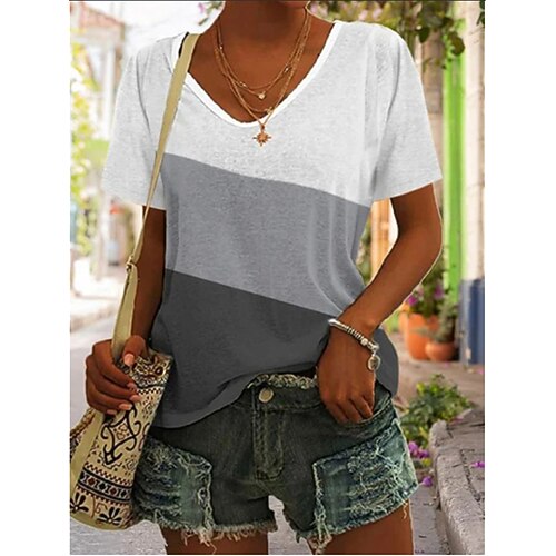 

Women's T shirt Tee Blue Pink Gray Color Block Patchwork Print Short Sleeve Casual Daily Basic V Neck Regular S / 3D Print