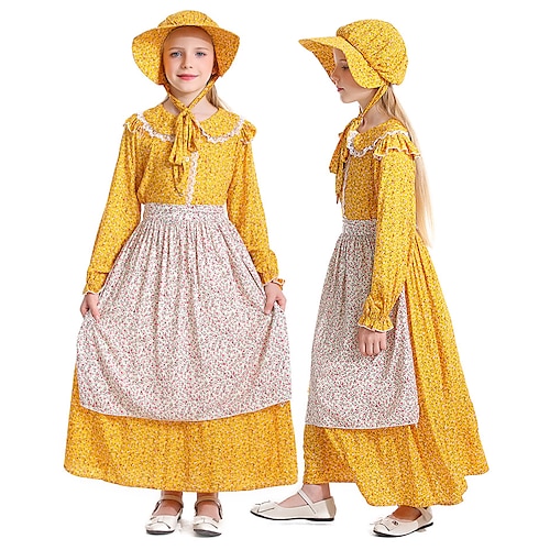 

Outlander Retro Vintage Medieval Renaissance 17th Century Dress Hat Masquerade Girls' Kid's Costume Vintage Cosplay Party / Evening Long Sleeve Dress Masquerade / Apron / Cotton / Apron