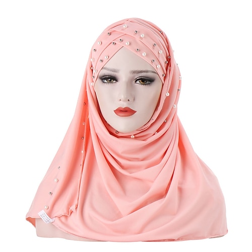 

Pearl Beaded Decor Forehead Cross Headwrap Hijabs Solid Color Muslim Women Jersey Headband on the Head Hair Turban Headscarf Cap