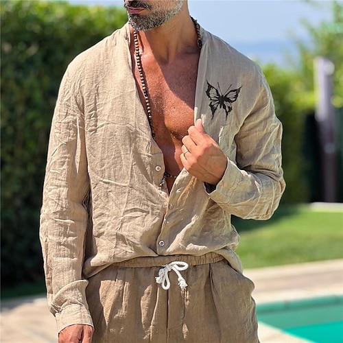 

Men's Shirt Hot Stamping Graphic Patterned Butterfly Turndown Street Casual Button-Down Print Long Sleeve Tops Designer Casual Fashion Big and Tall Beige / Summer / Spring / Summer