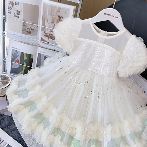 

Kids Little Girls' Dress Solid Colored Tulle Dress Party Birthday Ruched Mesh Sparkle Champagne Knee-length Short Sleeve Princess Sweet Dresses Spring Summer Slim 1 PC 3-10 Years