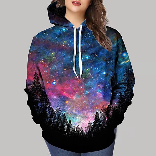 

Women's Plus Size Tops Hoodie Sweatshirt Galaxy Print Long Sleeve Hooded Streetwear Daily Vacation Polyester Fall Winter Blue