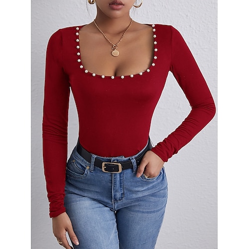 

Women's Shirt Plain Daily Weekend Shirt Long Sleeve Beaded U Neck Casual Streetwear Red S