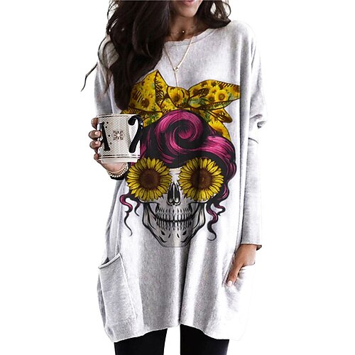 

Women's Shift Dress Short Mini Dress White Long Sleeve Floral Print Pocket Print Fall Spring Crew Neck Casual Vacation 2022 S M L XL XXL 3XL