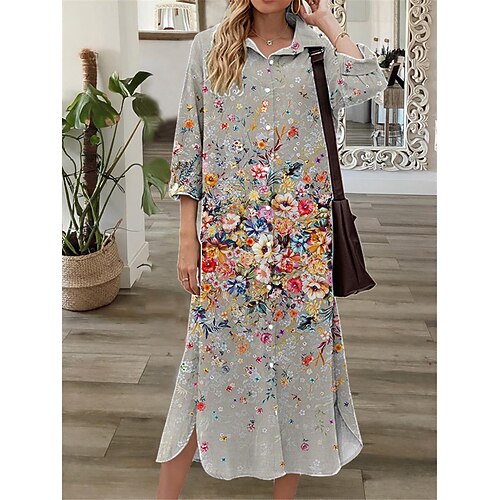

Women's Shift Dress Midi Dress Gray 3/4 Length Sleeve Floral Button Print Fall Spring Shirt Collar Casual Fashion 2022 S M L XL XXL 3XL