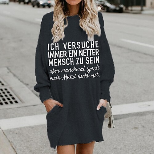 

Women's Shift Dress Short Mini Dress Black Blue Long Sleeve Fall Letter Pocket Print Fall Winter Hooded Casual 2022 S M L XL XXL 3XL