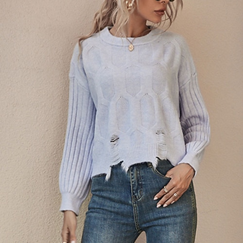 

Women's Pullover Sweater Jumper Ribbed Knit Knitted Ripped Solid Color Crew Neck Stylish Casual Daily Going out Drop Shoulder Fall Winter Blue S M L / Long Sleeve / Regular Fit