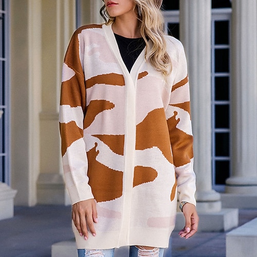 

Women's Cardigan Sweater Jumper Knit Knitted Patchwork Color Block V Neck Stylish Casual Daily Going out Fall Winter Beige S M L / Long Sleeve / Regular Fit