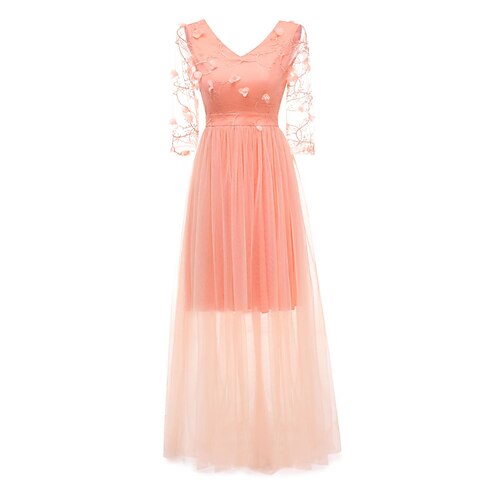

Women's A Line Dress Maxi long Dress Pink Beige 3/4 Length Sleeve Floral Mesh Lace Spring Summer V Neck Party Elegant Fashion 2022 S M L XL XXL / Party Dress