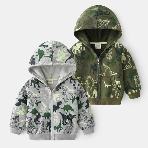

Kids Boys Coat Outerwear Dinosaur Long Sleeve Pocket Coat Daily Cotton Active Cool Green Gray Fall Spring 3-6 Years