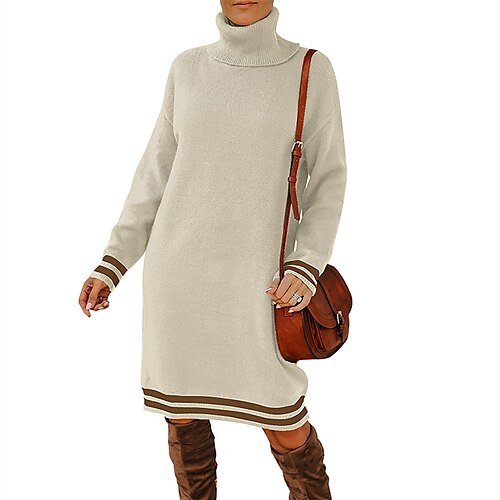 

Women's Shift Dress Short Mini Dress Black Royal Blue Beige Long Sleeve Striped Knit Spring Summer Turtleneck Stylish Casual 2022 S M L XL