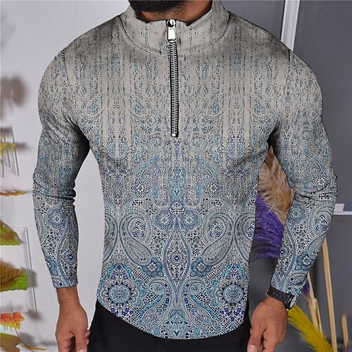 

Men's Collar Polo Shirt Golf Shirt Floral Stand Collar Blue 3D Print Outdoor Street Long Sleeve Zipper Print Clothing Apparel Fashion Designer Casual Breathable