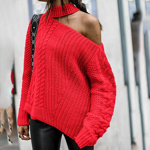 

Women's Pullover Sweater Jumper Cable Chunky Knit Tunic Knitted Cold Shoulder Pure Color Halter Neck Stylish Casual Holiday Going out Fall Winter Green Red S M L / Long Sleeve / Regular Fit