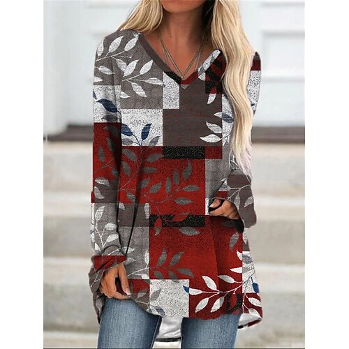 

Women's Geometric Leaf Casual Daily Holiday T shirt Tee Long Sleeve Patchwork Print V Neck Basic Essential Tops Red S / 3D Print