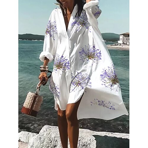 

Women's Shirt Dress Casual Dress Midi Dress Winter Dress Daily Fall Dress 4-Way Stretch Fabric Casual Shirt Collar High Low dress Print Long Sleeve Summer Spring Fall 2023 Loose Fit White Floral S M