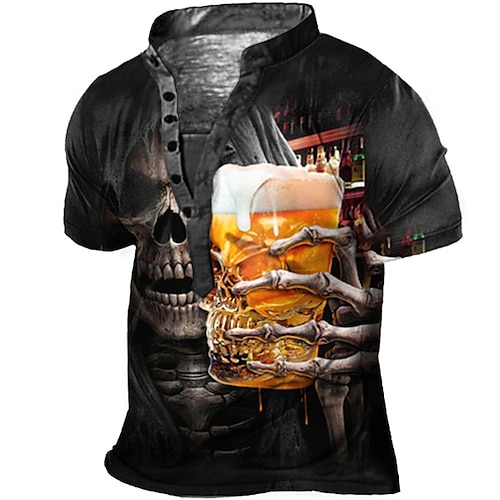 

Men's T shirt Tee Henley Shirt Tee Graphic Skull Beer Stand Collar Black 3D Print Plus Size Outdoor Daily Short Sleeve Button-Down Print Clothing Apparel Basic Designer Casual Big and Tall / Summer