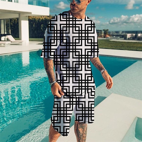 

Men's Shorts and T Shirt Set T-Shirt Outfits Graphic Geometry Crew Neck Blue Purple Khaki Brown Black 3D Print Street Daily Short Sleeve Print Clothing Apparel 2pcs Basic Fashion Lightweight Casual