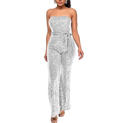 

Women's Jumpsuit Backless Sequin Solid Color Strapless Streetwear Party Going out Regular Fit Sleeveless Green Silver Gold S M L Spring