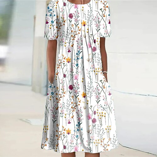 

Women's Shift Dress Knee Length Dress White Black Blue Short Sleeve Floral Pocket Print Spring Summer Crew Neck Casual Vacation 2022 S M L XL XXL 3XL