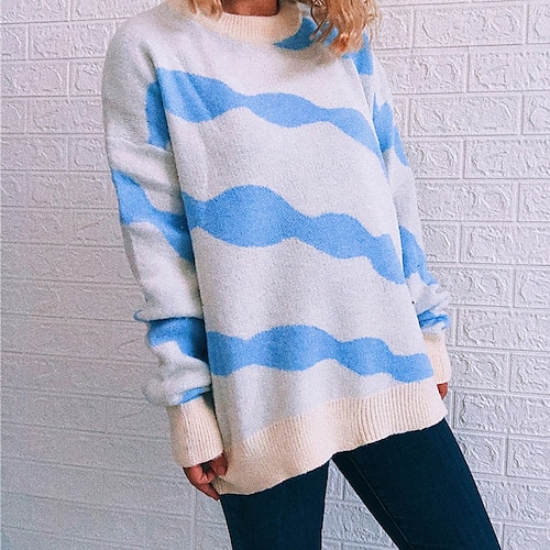 

Women's Sweater Jumper Knit Knitted Striped Crew Neck Stylish Casual Daily Holiday Fall Winter White Black S M L / Long Sleeve / Regular Fit / Going out