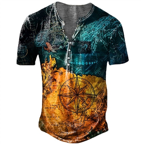 

Men's Henley Shirt Tee T shirt Tee 3D Print Graphic Patterned Compass Plus Size Henley Daily Sports Button-Down Print Short Sleeve Tops Designer Basic Casual Big and Tall Yellow / Summer / Summer