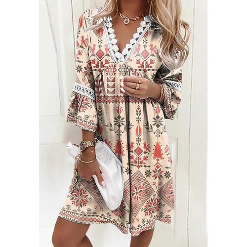 

Women's A Line Dress Short Mini Dress Pink 3/4 Length Sleeve Print Print Spring Summer V Neck Stylish Casual 2022 S M L XL XXL 3XL 4XL