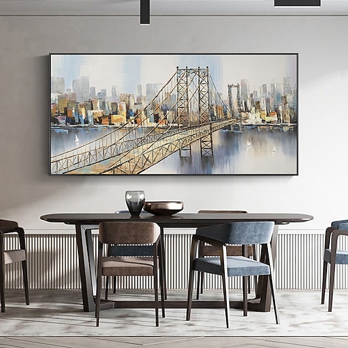 

Handmade Oil Painting Canvas Wall Art Decor Original City Iron Bridge Painting Abstract Architecture Painting for Home Decor Rolled Frameless Unstretched Painting