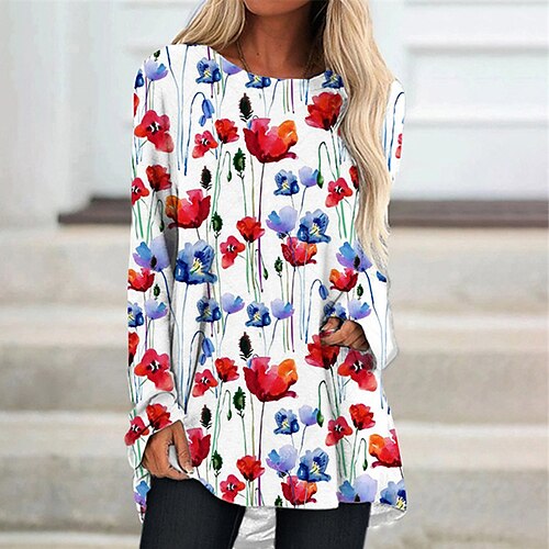 

Women's Shift Dress Knee Length Dress Blue Red Long Sleeve Floral Print Fall Spring Crew Neck Casual Vacation 2022 S M L XL XXL 3XL