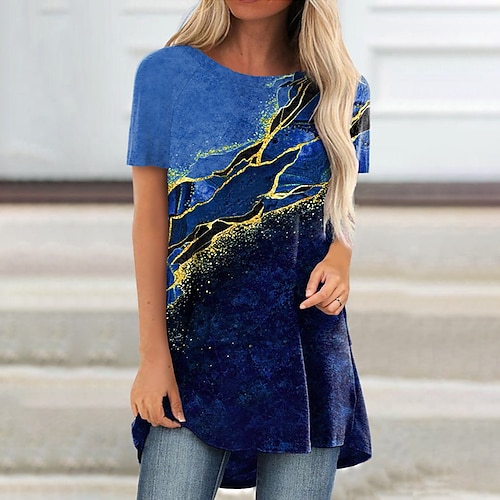 

Women's T shirt Tee Tunic Green Blue Purple Graphic Print Short Sleeve Casual Weekend Basic Round Neck Long Abstract Painting S