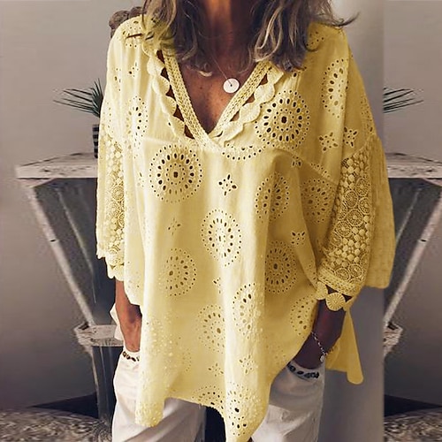 

Women's Blouse Shirt Green Purple Pink Plain Lace Cut Out 3/4 Length Sleeve Daily Weekend Streetwear Casual V Neck Regular Loose Fit S