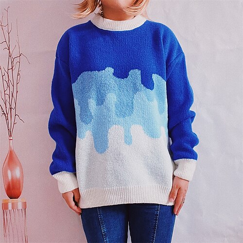 

Women's Pullover Sweater Jumper Crochet Knit Knitted Color Block Stand Collar Stylish Casual Daily Going out Fall Winter Black Blue S M L / Long Sleeve