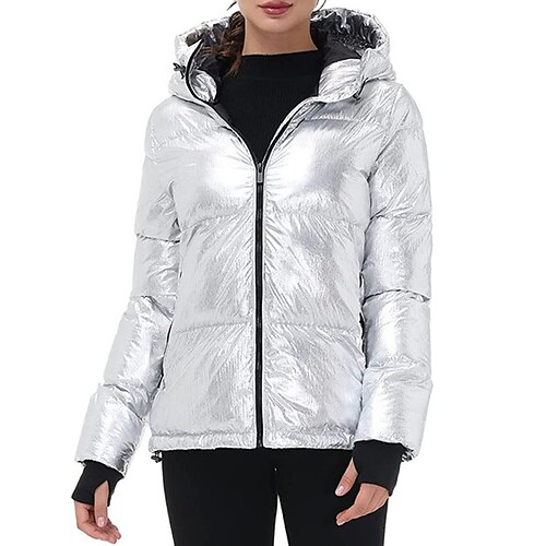 

Women's Puffer Jacket Parka Hoodie Jacket Outdoor Street Daily Winter Fall Regular Coat Regular Fit Thermal Warm Breathable Casual Jacket Long Sleeve Solid Color Black Silver Pink / Going out