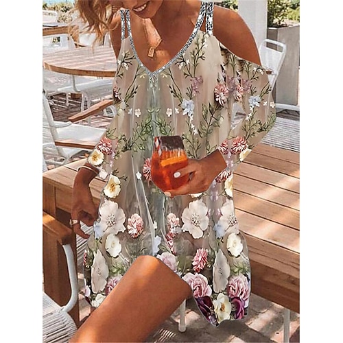 

Women's A Line Dress Short Mini Dress Khaki 3/4 Length Sleeve Floral Sequins Cold Shoulder Print Fall Spring Spaghetti Strap Casual Fashion 2022 S M L XL XXL 3XL