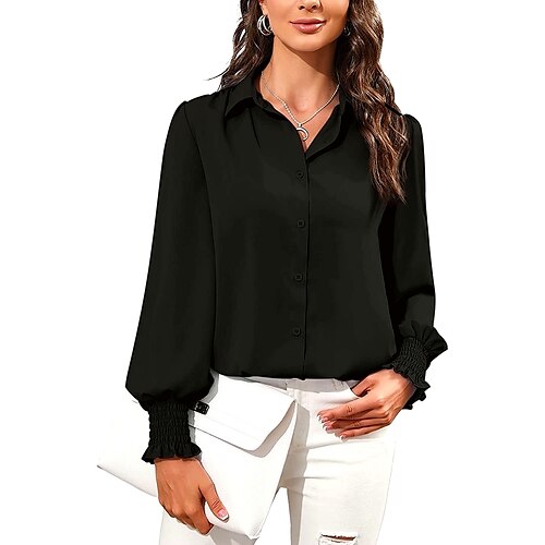 

Women's Blouse Shirt Green Wine Black Plain Button Long Sleeve Office Business Streetwear Casual Shirt Collar Regular S