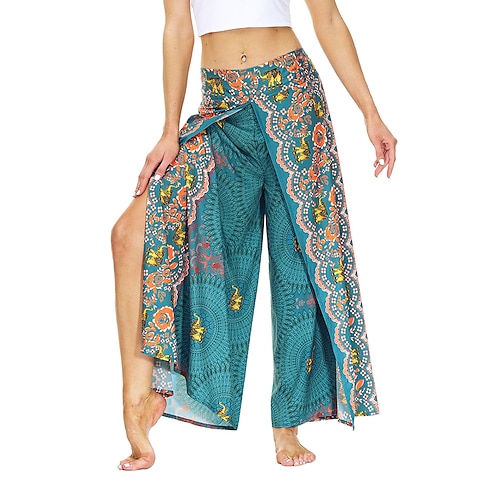 

Women's Flare Chinos Pants Trousers Green Blue Wine High Waist Boho Flapper Hip-Hop Casual Weekend Split Baggy Micro-elastic Full Length Comfort Flower / Floral S L / High Cut / Loose Fit / Print