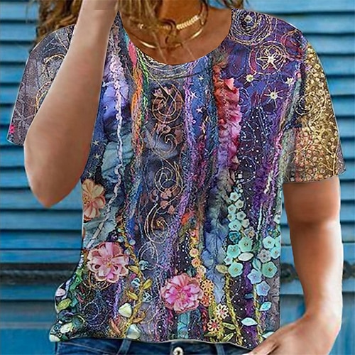 

Women's Plus Size Curve Tops T shirt Tee Floral Print Short Sleeve Crewneck Streetwear Daily Sports Cotton Spandex Jersey Spring Summer Purple