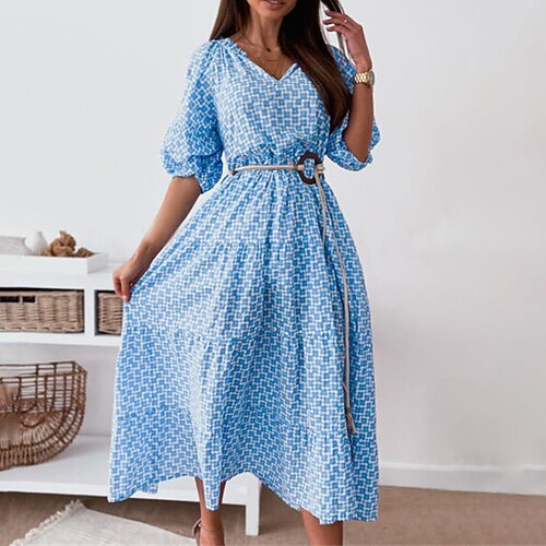 

Women's A Line Dress Midi Dress Red Light Blue Half Sleeve Plaid Ruffle Print Spring Summer V Neck Stylish Mature Lantern Sleeve 2022 S M L XL XXL