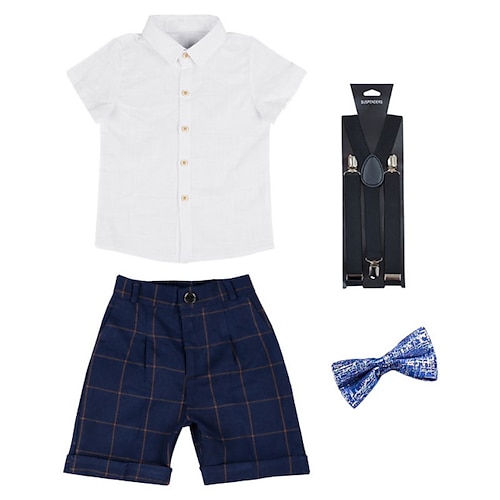 

Kids Boys Shirt Shorts Clothing Set 4 Pieces Short Sleeve White Plaid School Formal Fashion Preppy Style Regular 3-13 Years