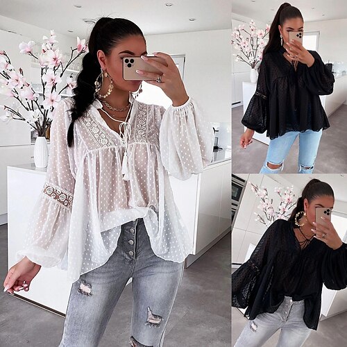 

Shirt Polka Dot Shirt Lantern Sleeve White Black S